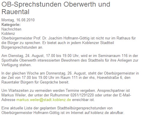 Koblenz erleben 16.8.2010 Sprechstunden-home