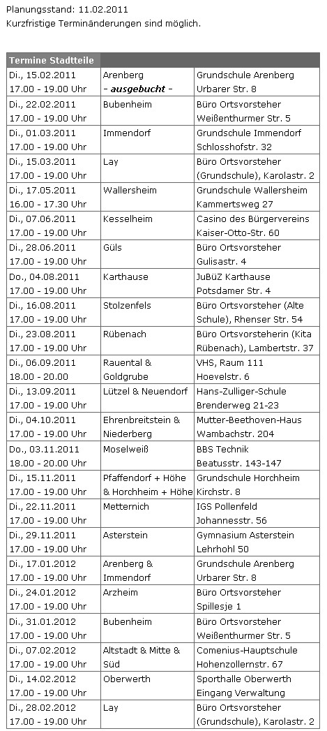 Termine Stadtteil-Bürgersprechstunden 12.2.2011