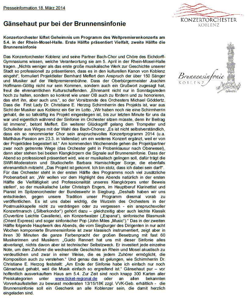Pressemitteilung Brunnensinfonie Konzertorchester Koblenz 18.3.2014