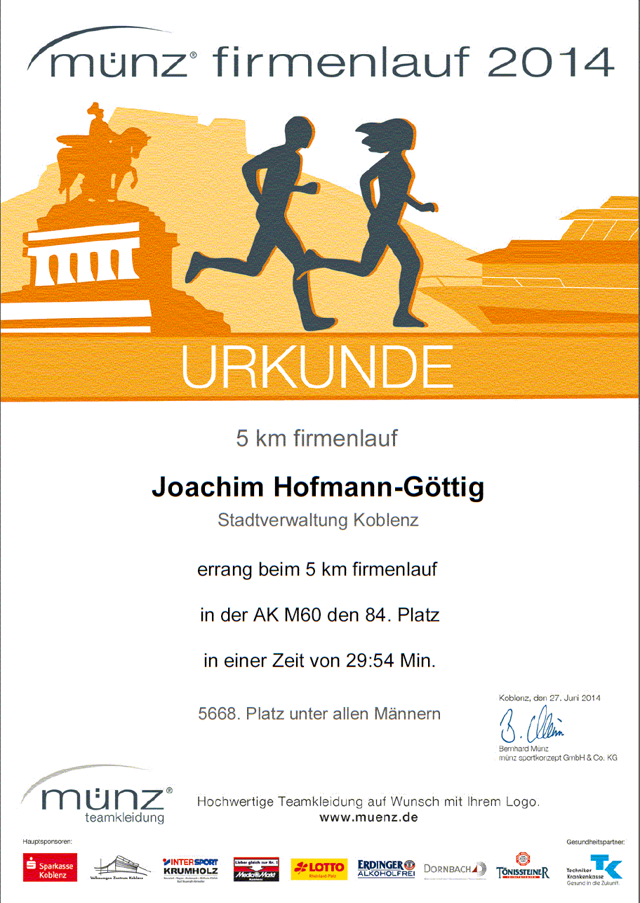 Münzlauf 2014 Urkunde JHG