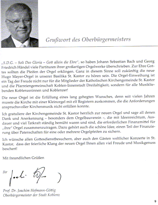 Grußwort OB Hofmann-Göttig in Festschrift Basilika Orgeleinweihung