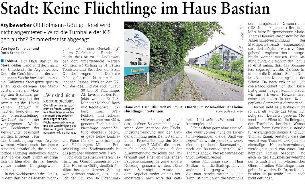 Koblenzer Haus Bastian Wird Keine Fluchtlingsunterbringungsstatte